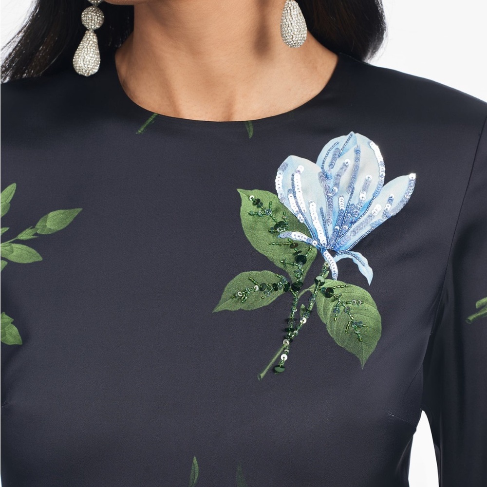 NWT Sachin + Babi Black and Blue Floral  Dress Alex Sequin Long Sleeve Satin - Picture 4 of 10